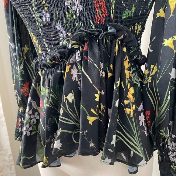 Alexis Womens Small Floral Smocked Off The Shoulder Blouse Peplum Shirt Top - Picture 6 of 11